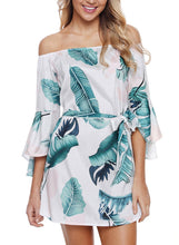 Load image into Gallery viewer, Tropical Leaf Print Navy Off Shoulder Dress