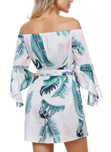 Load image into Gallery viewer, Tropical Leaf Print Navy Off Shoulder Dress