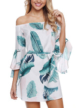 Load image into Gallery viewer, Tropical Leaf Print Navy Off Shoulder Dress
