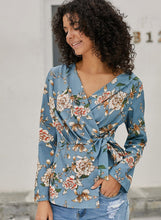 Load image into Gallery viewer, Floral Wrap Tie Waist Long Sleeve Blouse