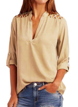 Load image into Gallery viewer, Crisscross Shoulder Detail Roll Tab Blouse