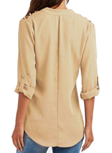 Load image into Gallery viewer, Crisscross Shoulder Detail Roll Tab Blouse