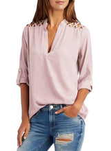 Load image into Gallery viewer, Crisscross Shoulder Detail Roll Tab Blouse