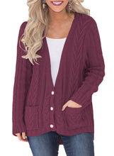 Load image into Gallery viewer, Button the Deep V Front Cable Sweater Cardigan