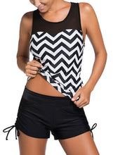 Load image into Gallery viewer, Black White Zigzag Print Mesh Splice 2pcs Tankini Swimsuit