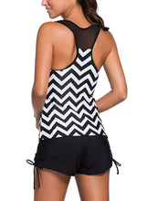 Load image into Gallery viewer, Black White Zigzag Print Mesh Splice 2pcs Tankini Swimsuit