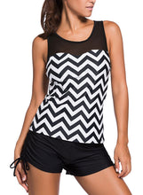 Load image into Gallery viewer, Black White Zigzag Print Mesh Splice 2pcs Tankini Swimsuit