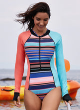 Load image into Gallery viewer, Striped One-piece Rashguard Swimsuit