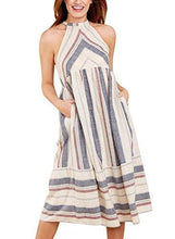 Load image into Gallery viewer, Striped Sleeveless Halter Neck Summer Midi Dress with Pockets