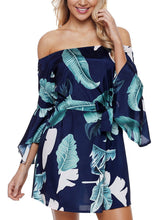 Load image into Gallery viewer, Tropical Leaf Print Navy Off Shoulder Dress