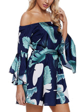 Load image into Gallery viewer, Tropical Leaf Print Navy Off Shoulder Dress