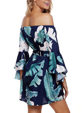 Load image into Gallery viewer, Tropical Leaf Print Navy Off Shoulder Dress
