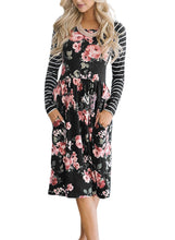 Load image into Gallery viewer, Floral Stripe Long Sleeve Side Pocket Boho Dress