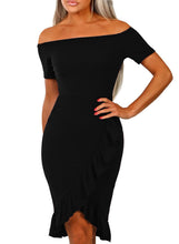 Load image into Gallery viewer, Frill Trim Short Sleeve Off Shoulder Midi Dress