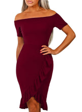 Load image into Gallery viewer, Frill Trim Short Sleeve Off Shoulder Midi Dress