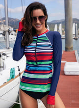 Load image into Gallery viewer, Striped Front Zip Surfing Rashguard Top