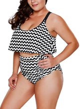 Load image into Gallery viewer, Black White Zigzag Flounce Tankini High Waist Swimsuit