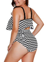 Load image into Gallery viewer, Black White Zigzag Flounce Tankini High Waist Swimsuit