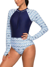 Load image into Gallery viewer, Chic Print Zip High Neck Long Sleeve Rashguard Swimsuit