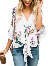 Load image into Gallery viewer, Womens Short Sleeve V Neck Floral Tie Front Flare Tops Chiffon Blouses