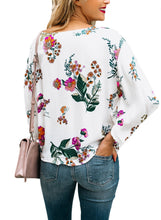 Load image into Gallery viewer, Womens Short Sleeve V Neck Floral Tie Front Flare Tops Chiffon Blouses