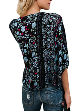 Load image into Gallery viewer, Womens Short Sleeve V Neck Floral Tie Front Flare Tops Chiffon Blouses