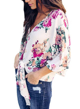 Load image into Gallery viewer, Womens Short Sleeve V Neck Floral Tie Front Flare Tops Chiffon Blouses