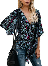 Load image into Gallery viewer, Womens Short Sleeve V Neck Floral Tie Front Flare Tops Chiffon Blouses