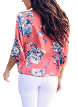 Load image into Gallery viewer, Womens Short Sleeve V Neck Floral Tie Front Flare Tops Chiffon Blouses