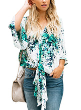 Load image into Gallery viewer, Womens Short Sleeve V Neck Floral Tie Front Flare Tops Chiffon Blouses