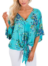 Load image into Gallery viewer, Womens Short Sleeve V Neck Floral Tie Front Flare Tops Chiffon Blouses