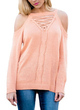 Load image into Gallery viewer, Cold Shoulder Lace up Detail Knit Sweater Top