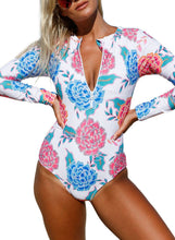 Load image into Gallery viewer, Pink Blue Peony Long Sleeve Zip Front One Piece Swimsuit