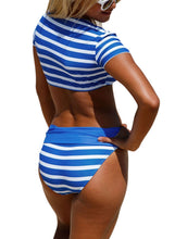 Load image into Gallery viewer, Chambray Short Sleeve Crop Bra Stitch Banded Panty Tankini Set