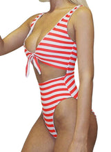 Load image into Gallery viewer, Striped Cutout Tie Front Beach Monokini