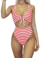 Load image into Gallery viewer, Striped Cutout Tie Front Beach Monokini
