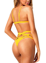 Load image into Gallery viewer, Yellow Strappy Caged High Waist Bikini Swimsuit