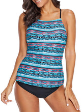 Load image into Gallery viewer, Blue Tribal Print Unique Halter Tankini Top