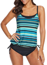 Load image into Gallery viewer, Striped Blouson Overlay Tankini Swimsuit Top