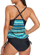 Load image into Gallery viewer, Striped Blouson Overlay Tankini Swimsuit Top