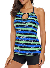 Load image into Gallery viewer, Striped Leaf Print Keyhole Halter Swim Top