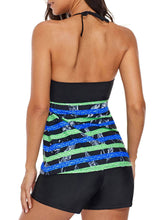 Load image into Gallery viewer, Striped Leaf Print Keyhole Halter Swim Top