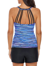 Load image into Gallery viewer, Blue Fuzzy Striped Strappy Back Halter Tankini Top